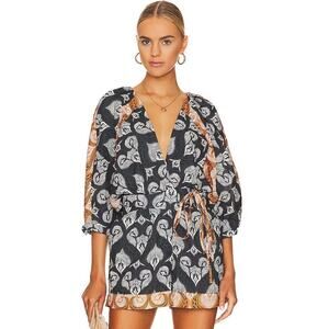 AGUA BENDITA Linnea Printed Romper Dark Sea Tie Front Cotton Casual Women's M